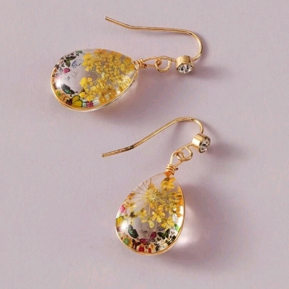 Gold flower earrings Statement Boho Pressed cottagecore teardrop glass 💖2/$30 - Picture 7 of 9